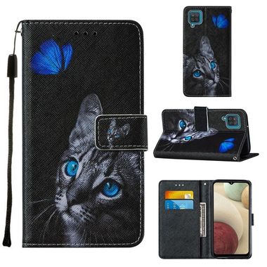 Peňaženkové kožené puzdro na Samsung Galaxy A12 - Blue Butterfly Cat Eyes