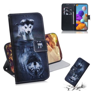 Peňaženkové kožené puzdro na Samsung Galaxy A21s - Wolf and Dog