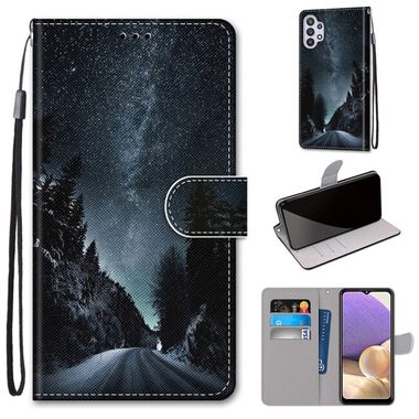 Peňaženkové kožené puzdro na Samsung Galaxy A32 5G – Mountain Road Starry Sky