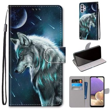 Peňaženkové kožené puzdro na Samsung Galaxy A32 5G – Pensive Wolf