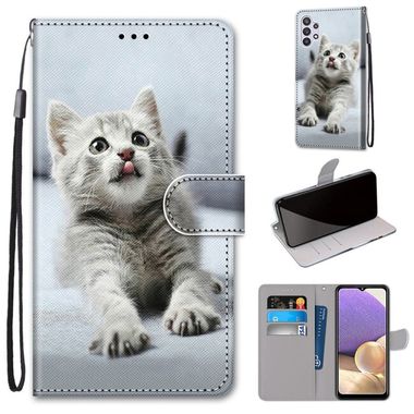 Peňaženkové kožené puzdro na Samsung Galaxy A32 5G – Small Gray Cat