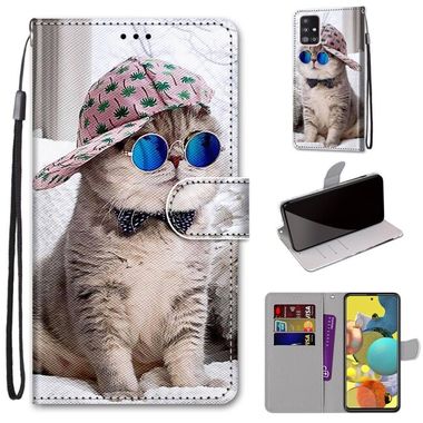 Peňaženkové kožené puzdro na Samsung Galaxy A51 5G - Oblique Hat Blue Mirror Cat
