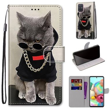 Peňaženkové kožené puzdro na Samsung Galaxy A71 5G - Golden Chain Grey Cat