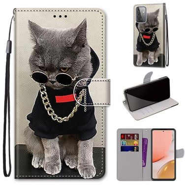Peňaženkové kožené puzdro na Samsung Galaxy A72 5G - Golden Chain Grey Cat