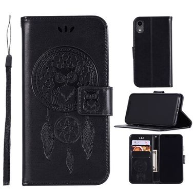 Peňaženkové kožené puzdro Owl na iPhone XR – Čierná