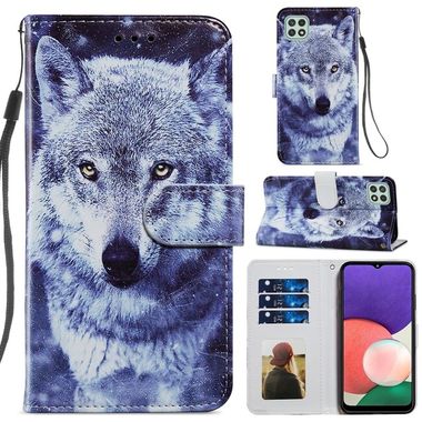 Peňaženkové kožené puzdro PAINTED na Samsung Galaxy A22 5G - White Wolf
