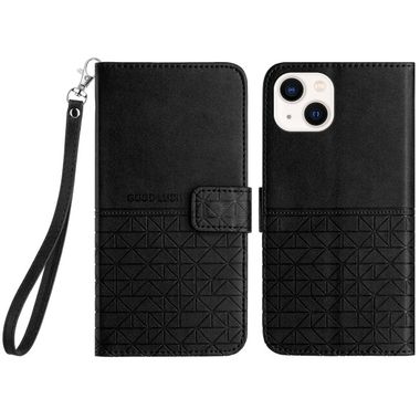 Peňaženkové kožené puzdro Rhombic na iPhone 15 Plus - Čierna