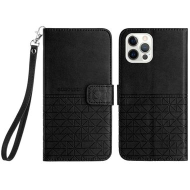 Peňaženkové kožené puzdro Rhombic na iPhone 15 Pro - Čierna