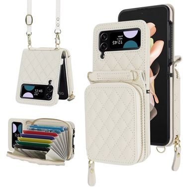 Peňaženkové kožené puzdro Rhombic na Samsung Galaxy Z Flip4 - Biela