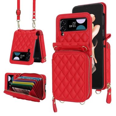 Peňaženkové kožené puzdro Rhombic na Samsung Galaxy Z Flip4 - Červená