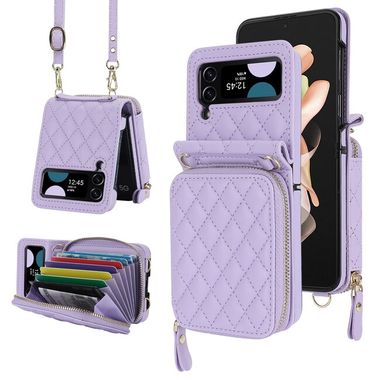 Peňaženkové kožené puzdro Rhombic na Samsung Galaxy Z Flip4 - Fialová