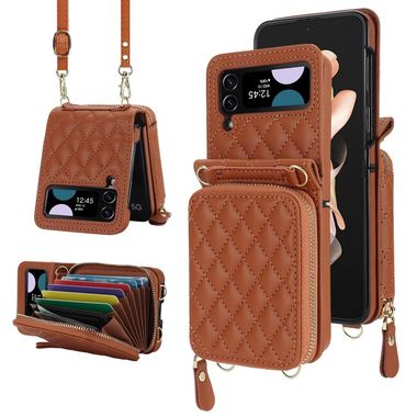 Peňaženkové kožené puzdro Rhombic na Samsung Galaxy Z Flip4 - Hnedá