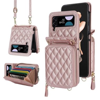 Peňaženkové kožené puzdro Rhombic na Samsung Galaxy Z Flip4 - Ružové zlato