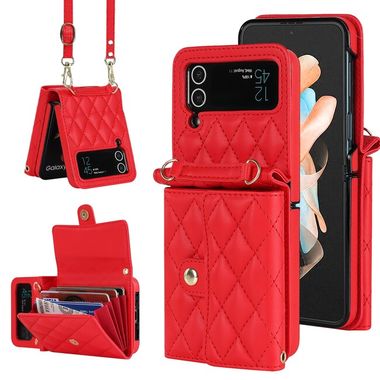 Peňaženkové kožené puzdro Rhombic Texture na Samsung Galaxy Z Flip4 - Červená