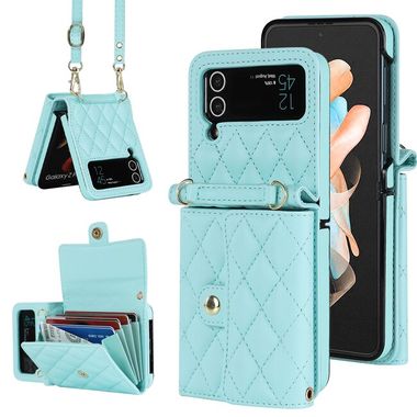 Peňaženkové kožené puzdro Rhombic Texture na Samsung Galaxy Z Flip4 - Tyrkysová