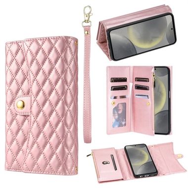 Peňaženkové kožené puzdro Rhombic Zipper na Samsung Galaxy S24 5G - Ružové zlato