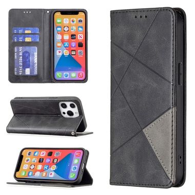 Peňaženkové kožené puzdro RHOMBUS na iPhone 13 Pro Max - Čierna