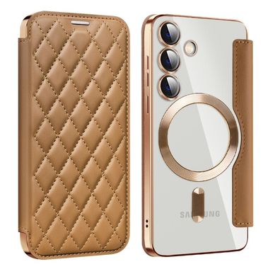 Peňaženkové kožené puzdro Rhombus Shield na Samsung Galaxy S24 5G - Hnedá