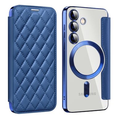 Peňaženkové kožené puzdro Rhombus Shield na Samsung Galaxy S24 5G - Tmavo modrá