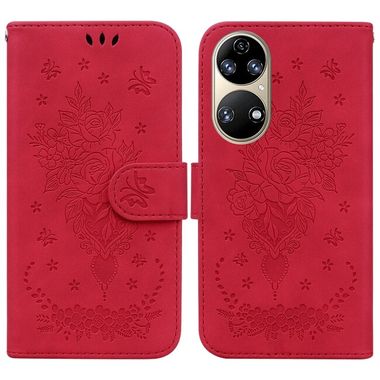 Peňaženkové kožené puzdro ROSE na Huawei P50 - Červená