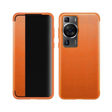Peňaženkové kožené puzdro Side Window na Huawei P60 Pro - Oranžová