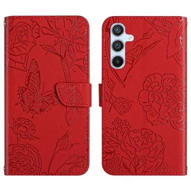 Peňaženkové kožené puzdro Skin Feel Butterfly Embossed na Galaxy A35 5G - Červená