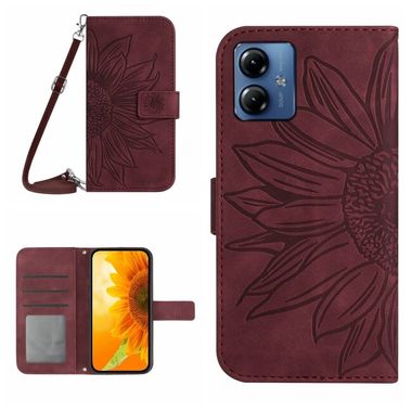 Peňaženkové kožené puzdro Skin Feel Sun Flower na Motorola G14 - Wine Red