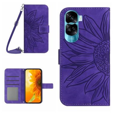 Peňaženkové kožené puzdro Sun Flower na Honor 90 Lite - Tmavo fialová