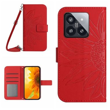 Peňaženkové kožené puzdro Sun Flower na Xiaomi 14 Pro - Červená