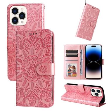 Peňaženkové kožené puzdro SUNFLOWER na iPhone 14 Pro Max - Ružová