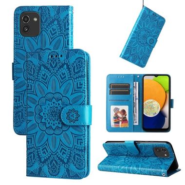 Peňaženkové kožené puzdro SUNFLOWER na Samsung Galaxy A03 – Modrá