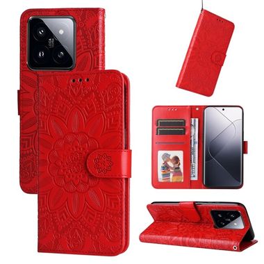 Peňaženkové kožené puzdro Sunflower na Xiaomi 14 Pro - Červená