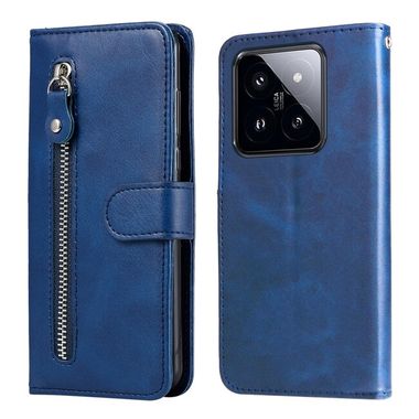Peňaženkové kožené puzdro Texture Zipper na Xiaomi 14 Pro - Modrá