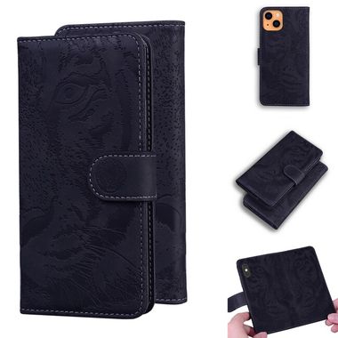 Peňaženkové kožené puzdro TIGER na iPhone 13 - Čierna