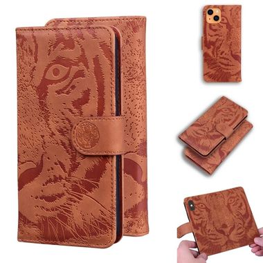 Peňaženkové kožené puzdro TIGER na iPhone 13 - Hnedá