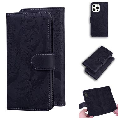 Peňaženkové kožené puzdro TIGER na iPhone 13 Pro - Čierna