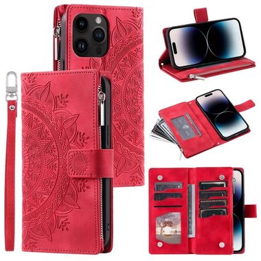 Peňaženkové kožené puzdro Totem na iPhone 15 Pro - Červená