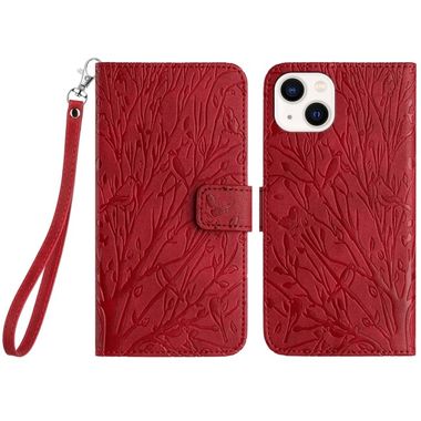 Peňaženkové kožené puzdro Tree Birds na iPhone 15 Plus - Červená