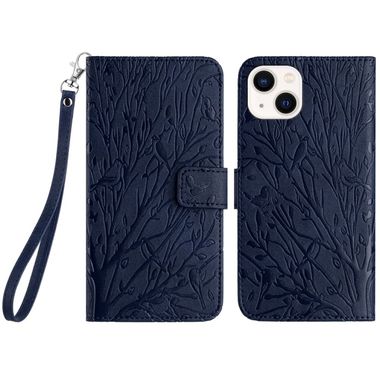 Peňaženkové kožené puzdro Tree Birds na iPhone 15 Plus - Modrá