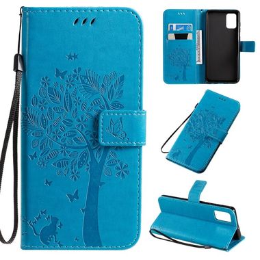 Peňaženkové kožené puzdro Tree & Cat Pattern na Samsung Galaxy A71 - Modrá