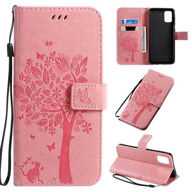 Peňaženkové kožené puzdro Tree & Cat Pattern na Samsung Galaxy A71 - ružové