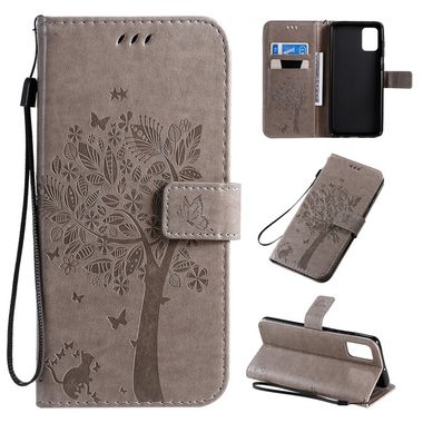 Peňaženkové kožené puzdro Tree & Cat Pattern na Samsung Galaxy A71 - Sivá