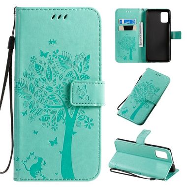 Peňaženkové kožené puzdro Tree & Cat Pattern na Samsung Galaxy A71 - Zelená
