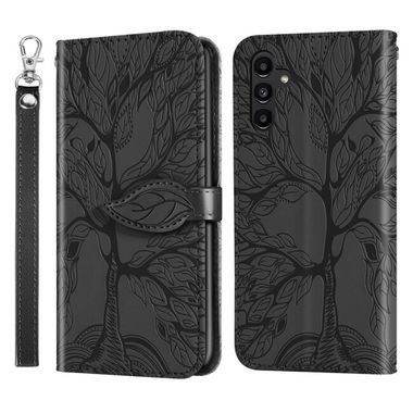 Peňaženkové kožené puzdro Tree Pattern na Samsung Galaxy A25 5G - Čierna