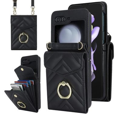 Peňaženkové kožené puzdro V-Shaped na Samsung Galaxy Z Flip 5 - Čierna