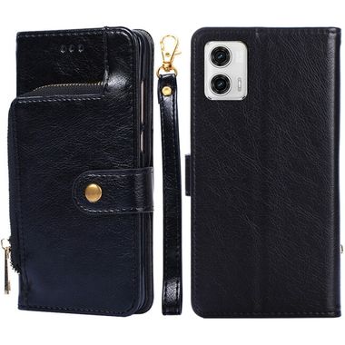 Peňaženkové kožené puzdro Zipper Bag Leather na Moto G73 5G - Čierna