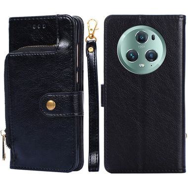 Peňaženkové kožené puzdro Zipper Bag na Honor Magic5 Pro - Čierna