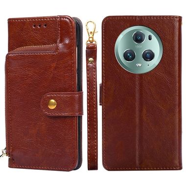 Peňaženkové kožené puzdro Zipper Bag na Honor Magic5 Pro - Hnedá