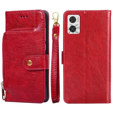 Peňaženkové kožené puzdro Zipper Bag na Moto E22 - Červená