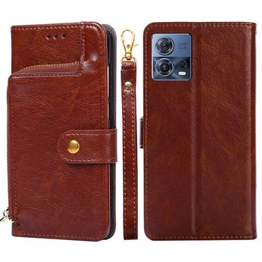 Peňaženkové kožené puzdro Zipper Bag na Motorola Edge 30 Fusion - Hnedá